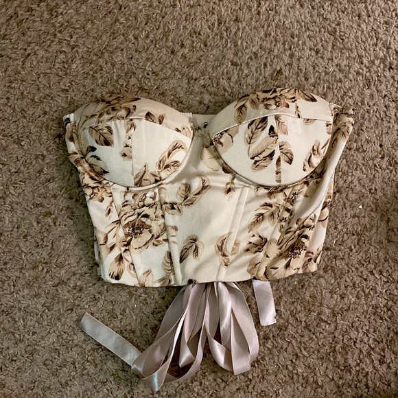 Tops - Floral Print Lace Up Cream and Brown Corset